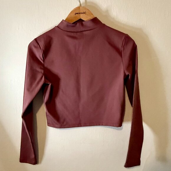 Rose Colored Long Sleeve Crop Top with Mandarin Collar - Picture 4 of 4